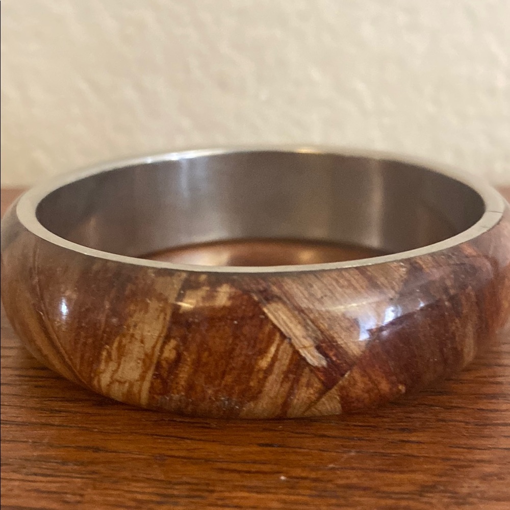 Vintage 80s Banana Leaf & Stainless Steel Bangle Bracelet
